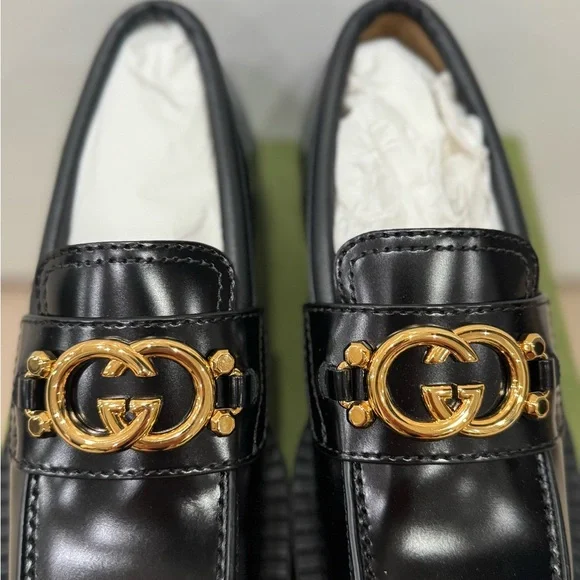 GUCCI Authentic Spice Lux Nappa Black Patent Gold Interlocking G Loafers US 4 34